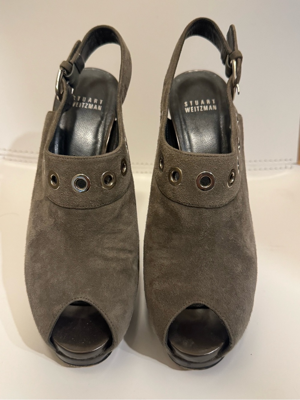 Stuart Weitzman Olive Taupe Suede Peep-Toe Slingback Mules
